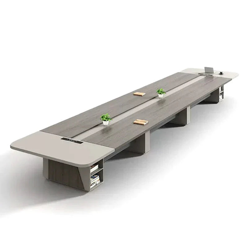 Modern Conference Table with Built-In Power Outlets and Storage Shelving