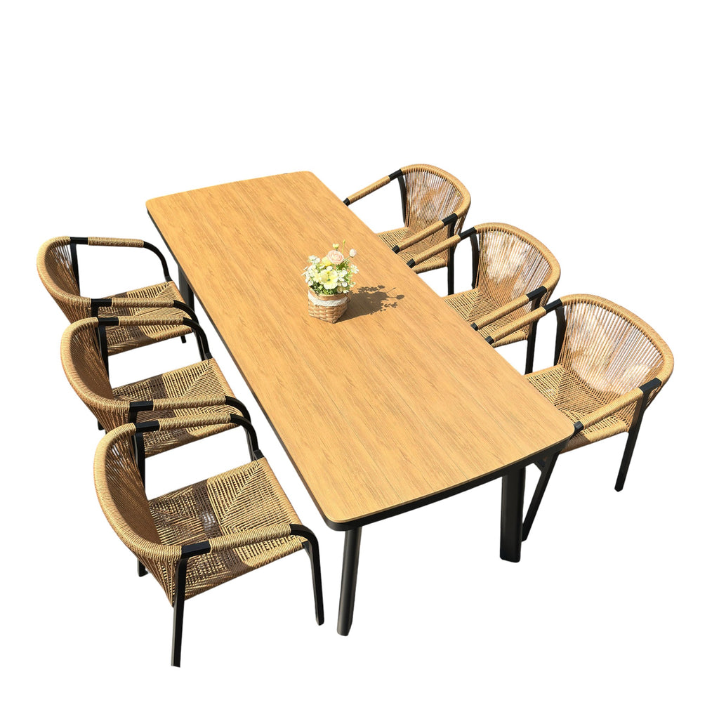 Outdoor Rope-Weave Dining Set With Timber-Look Table