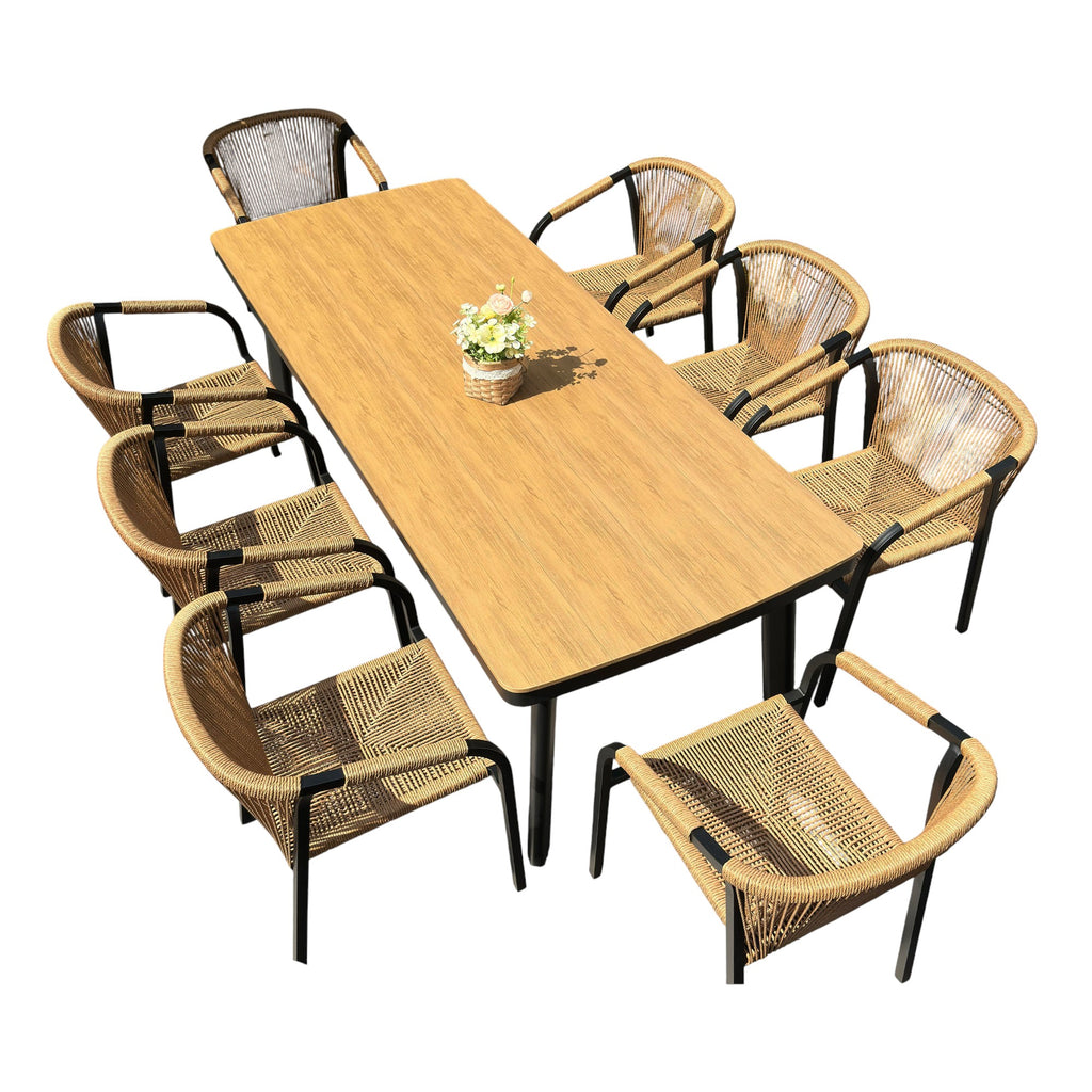 Outdoor Rope-Weave Dining Set With Timber-Look Table