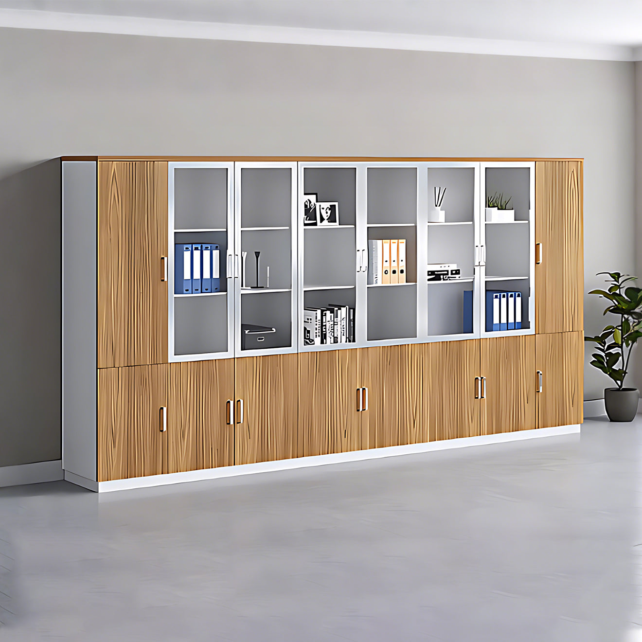 Contemporary Wood Grain Office Storage Cabinet with Glass Door