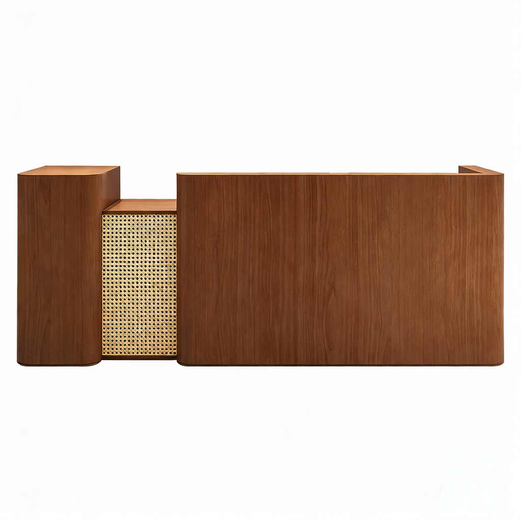 Modern Timber Reception Counter with Rattan Front Panel