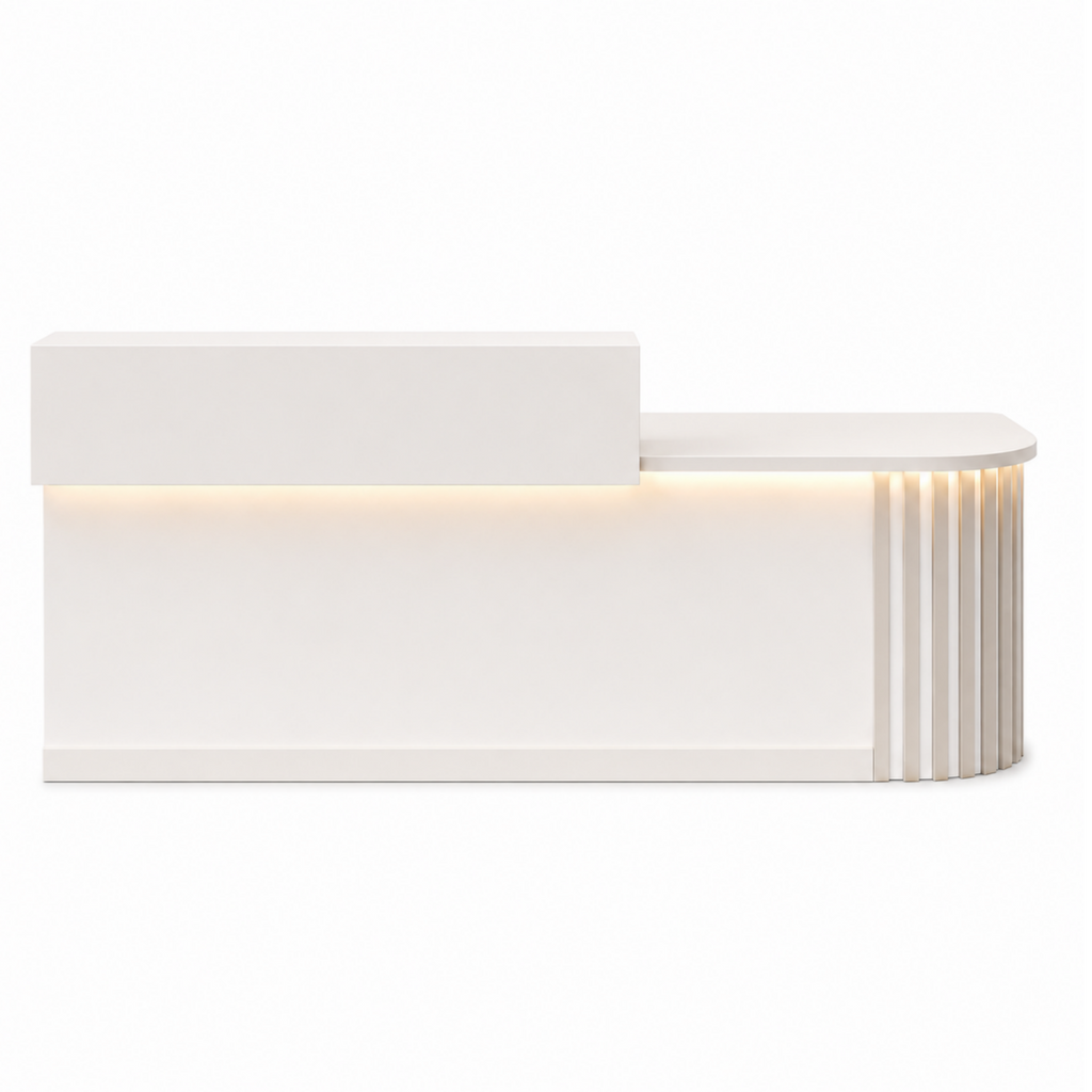 Modern Curved Reception Desk with LED Lighting and Storage Counter