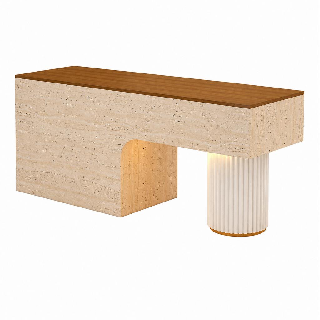 Travertine-Look Reception Desk with Fluted Column and LED Accent