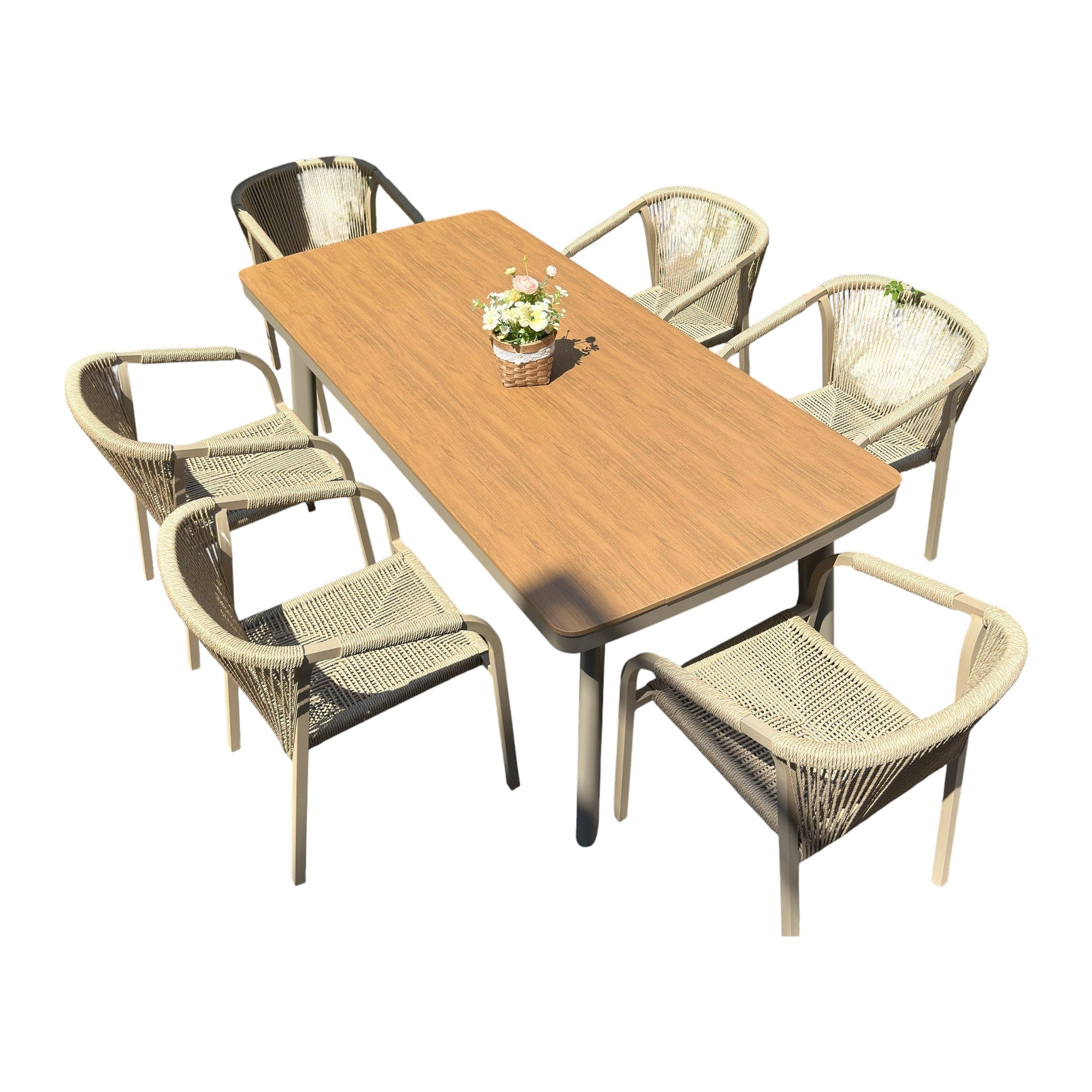 Outdoor Rope-Weave Dining Set With Timber-Look Table