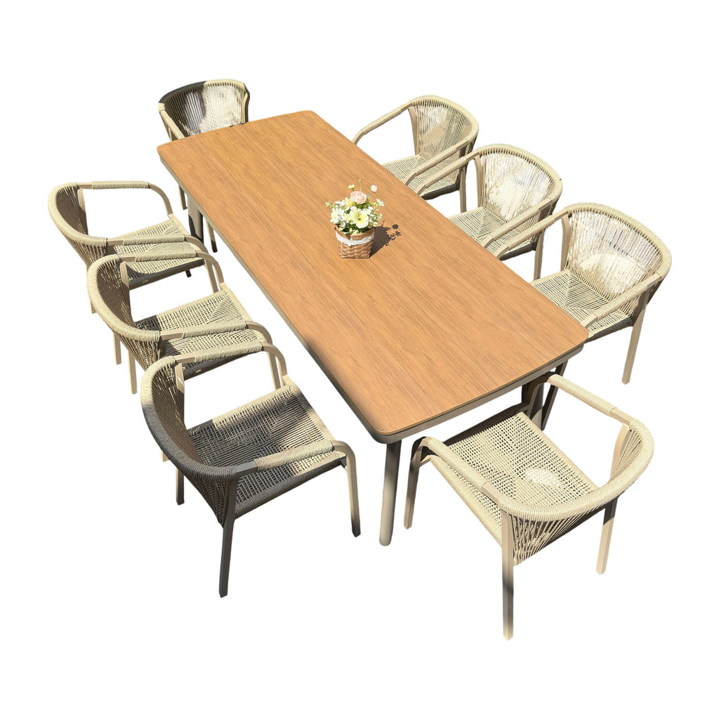 Outdoor Rope-Weave Dining Set With Timber-Look Table