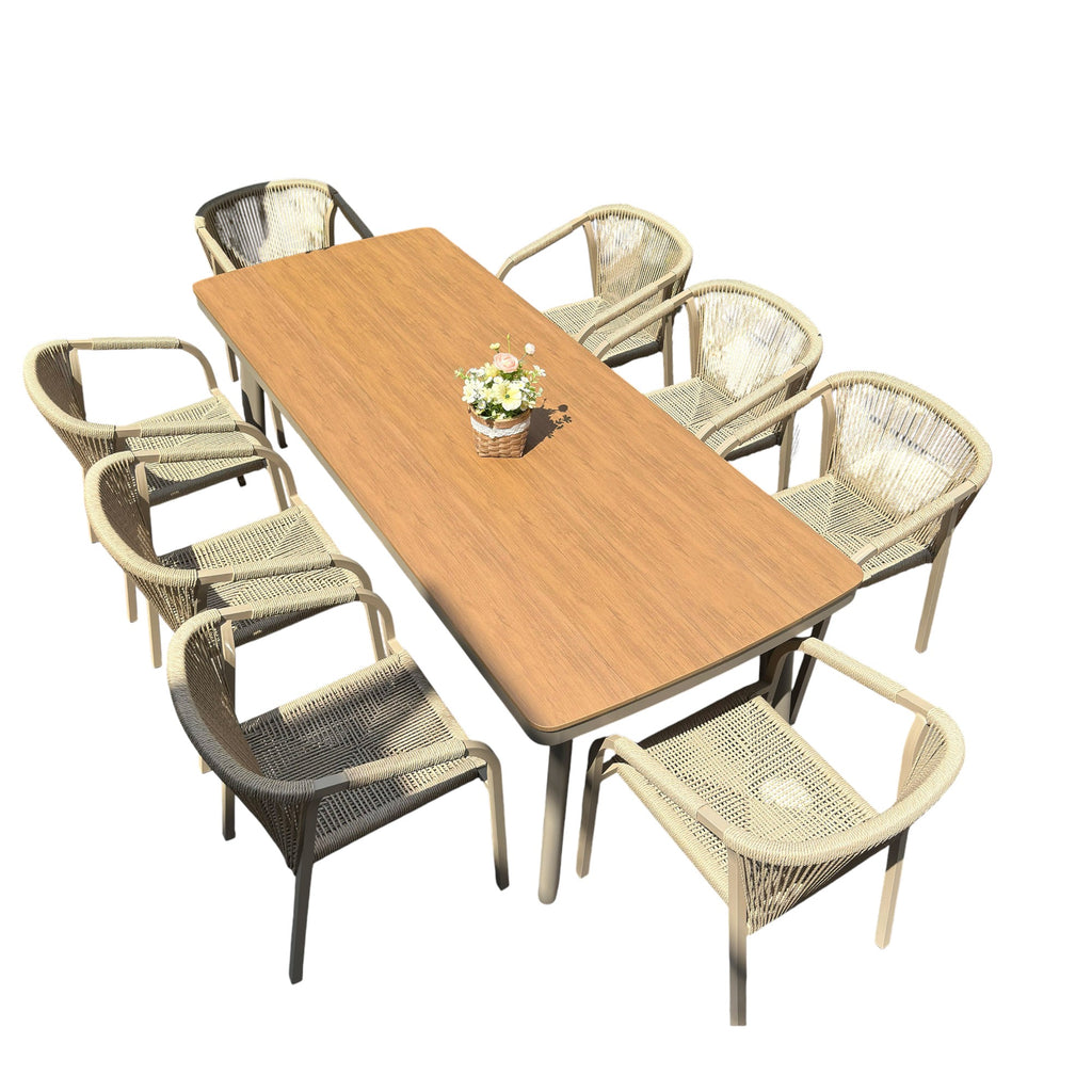 Outdoor Rope-Weave Dining Set With Timber-Look Table