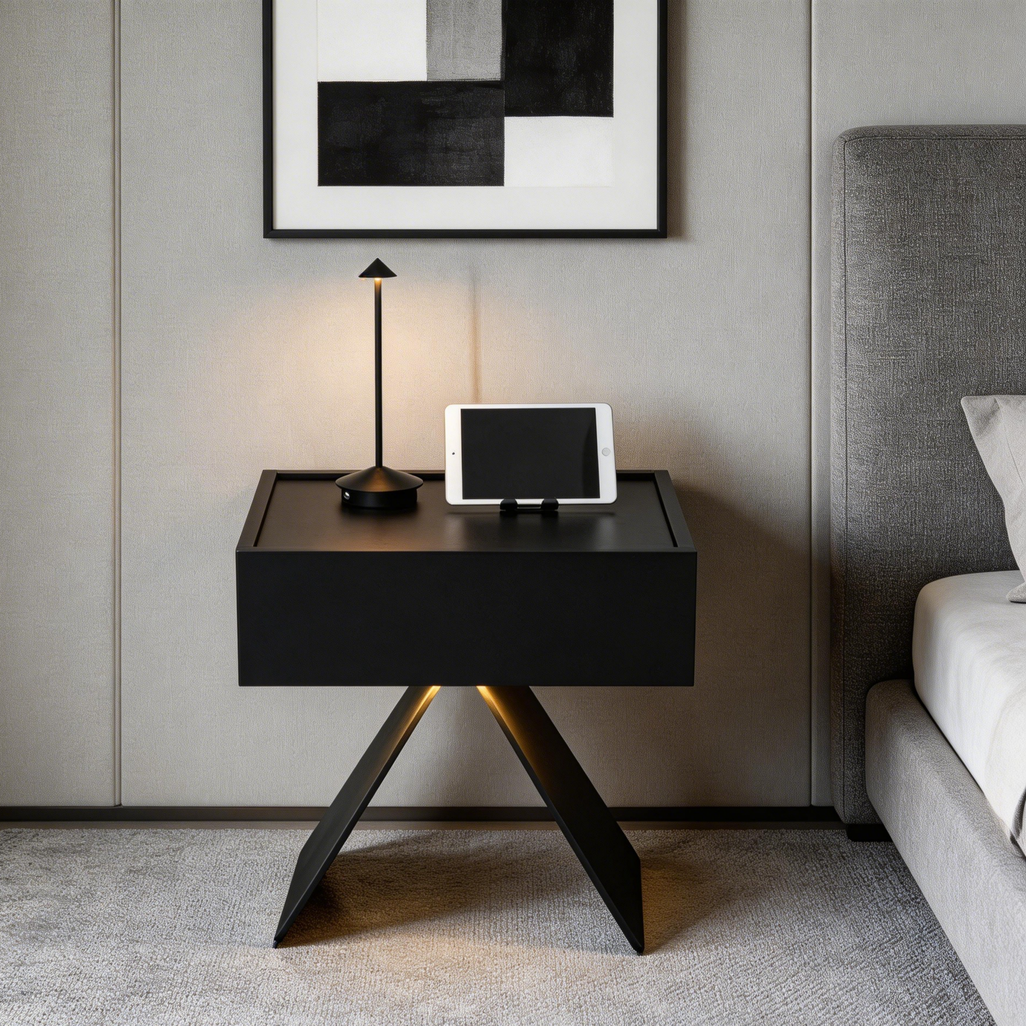 Black Ash Bedside Table with Geometric Base