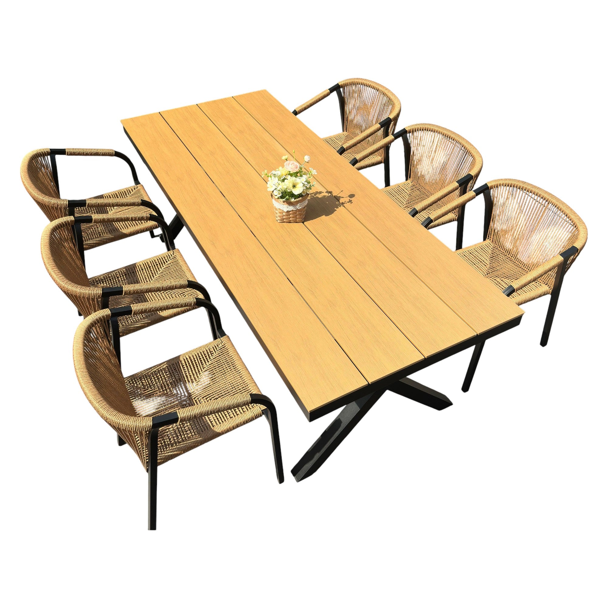 Outdoor Rope-Weave Dining Set With Timber-Look Table