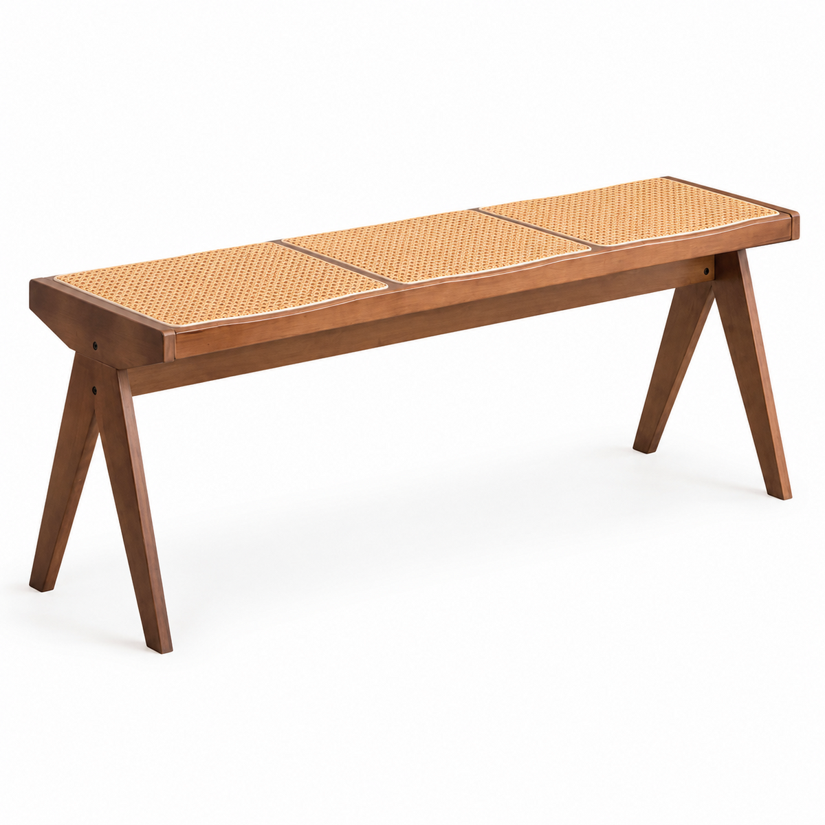 Modern Bamboo Bench with Curved Woven Seat and Inverted V Legs