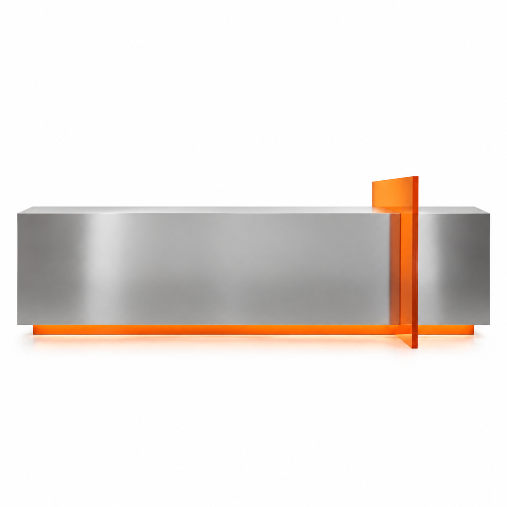 Modern Stainless Steel Reception Desk With Lit Custom Logo Panel