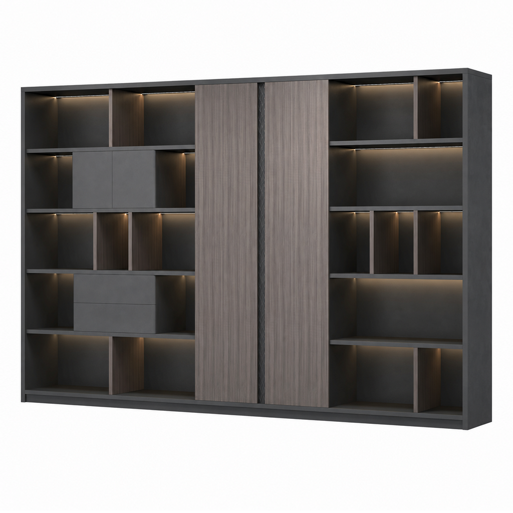 Executive Storage Wall Cabinet with LED and Concealed Wardrobe Storage