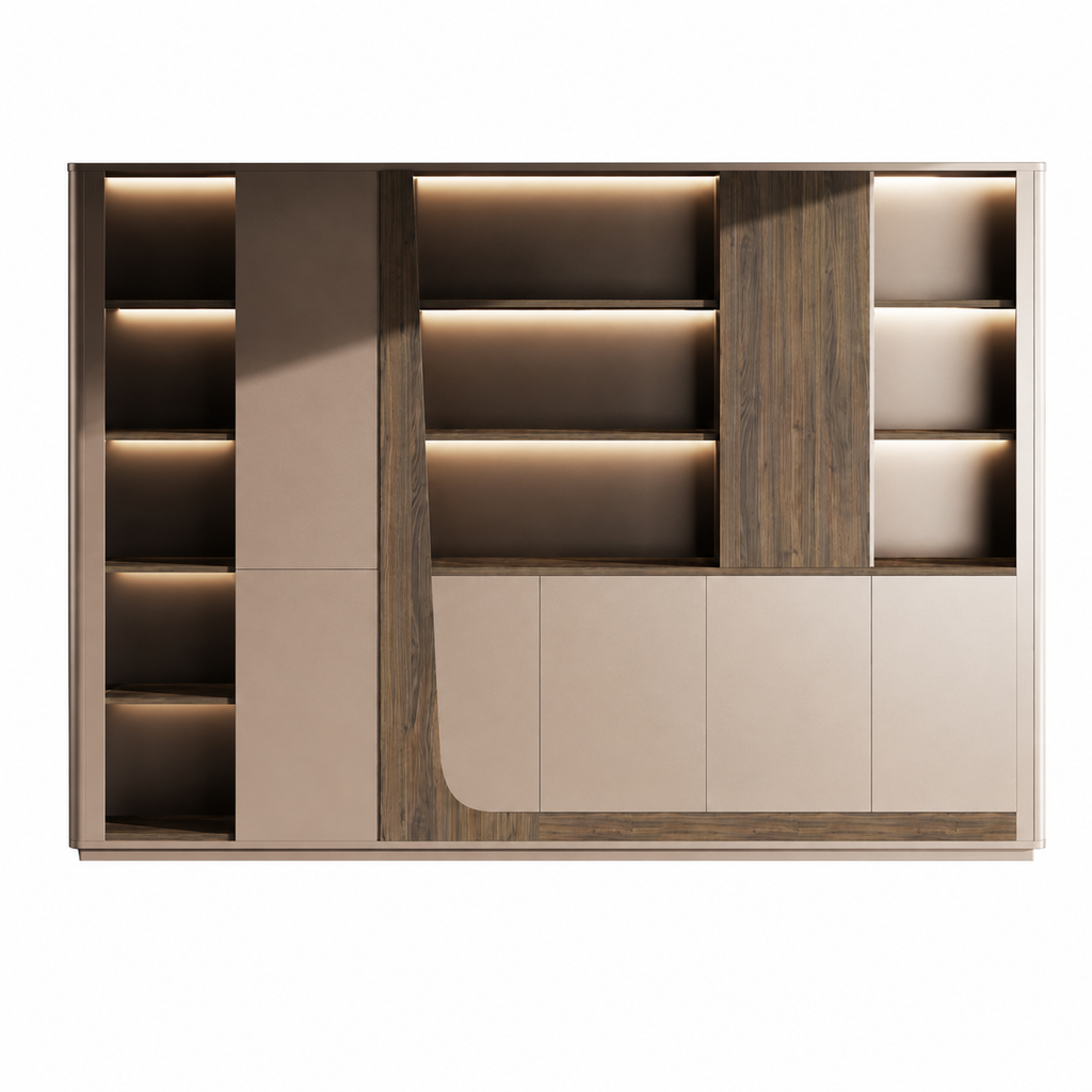 Modern Storage Wall Unit with LED Lighting, Hidden Wardrobe and Push Open Cabinets