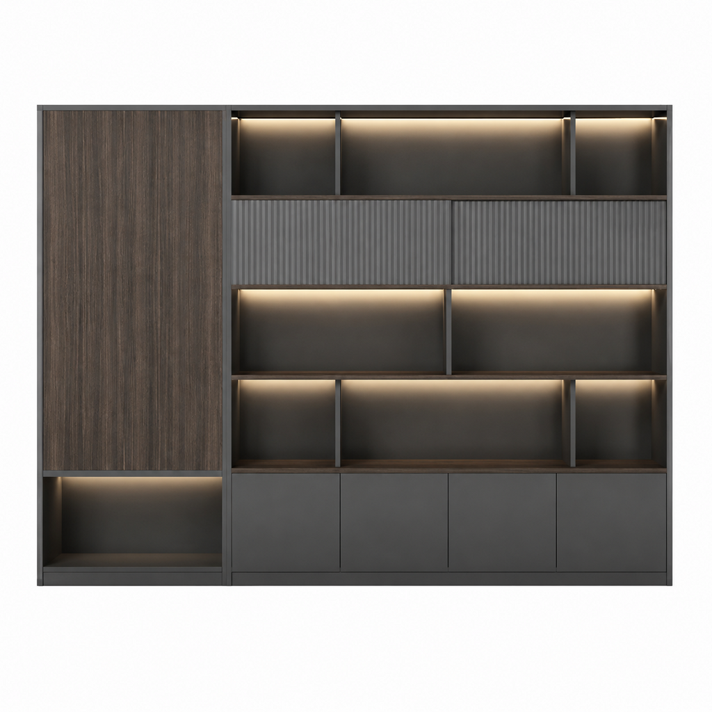 Dark Woodgrain Office Storage Suite with Fluted Panel Doors