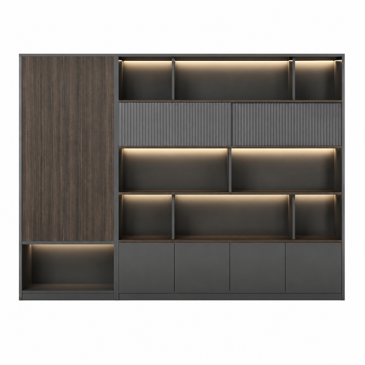 Dark Woodgrain Office Storage Suite with Fluted Panel Doors