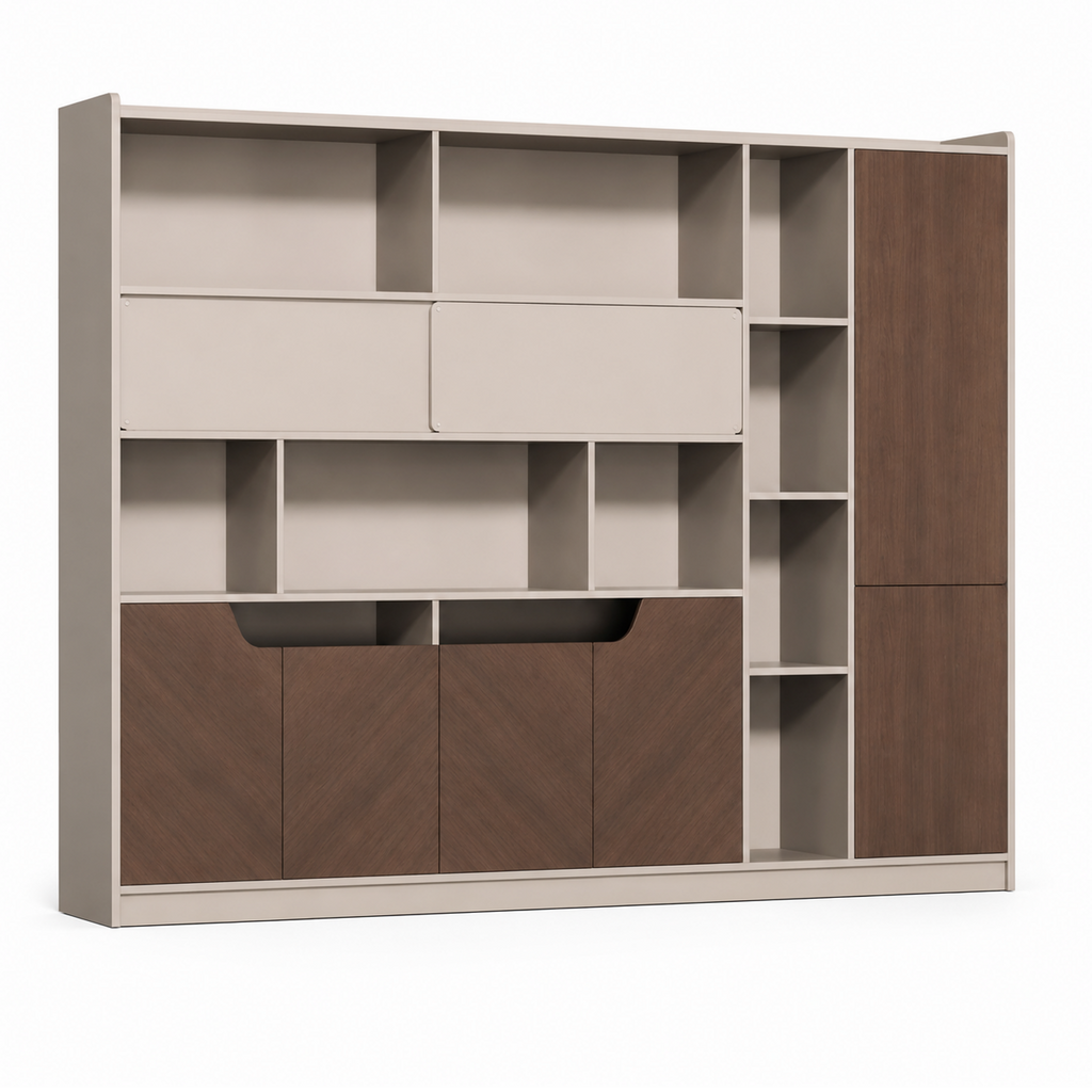 Modern Timber Storage Cabinet with Open Shelves and Glass Display