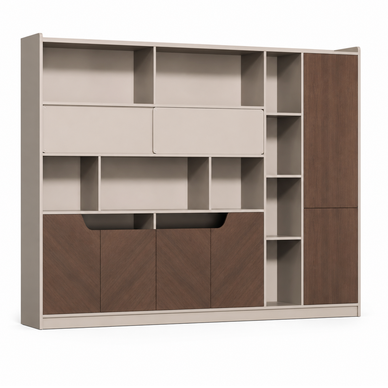 Modern Timber Storage Cabinet with Open Shelves and Glass Display