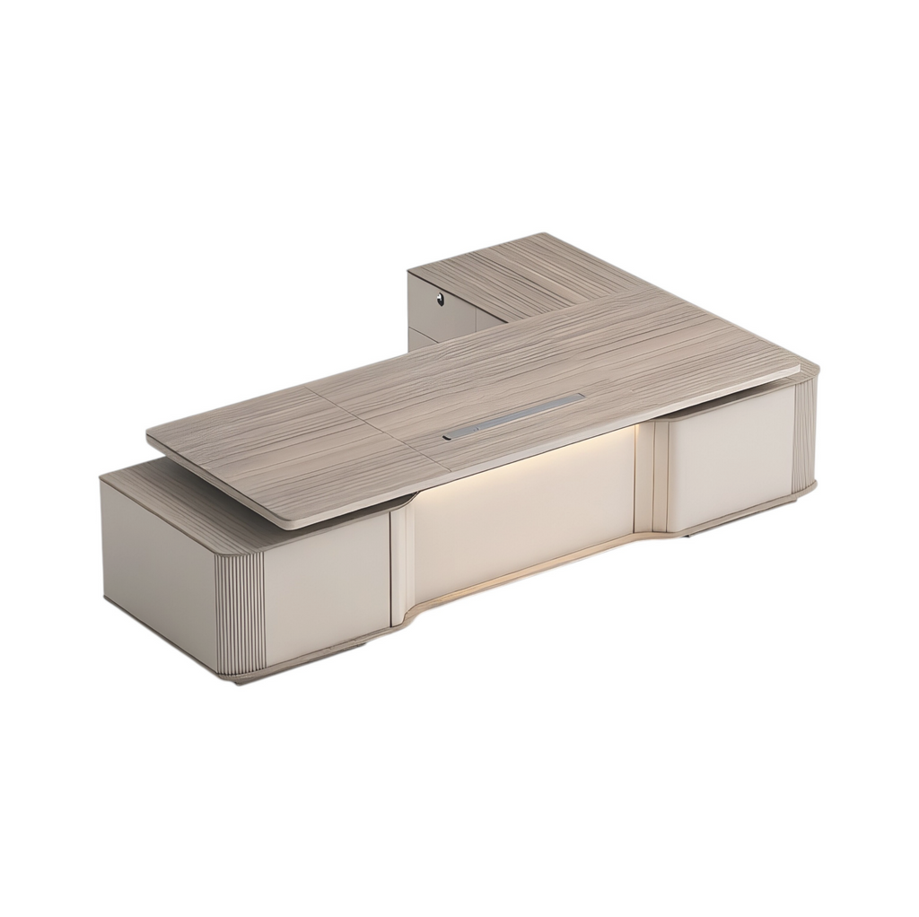 Executive Floating L-Shape Stone Grey Office Desk with Integrated LED Lighting and Storage
