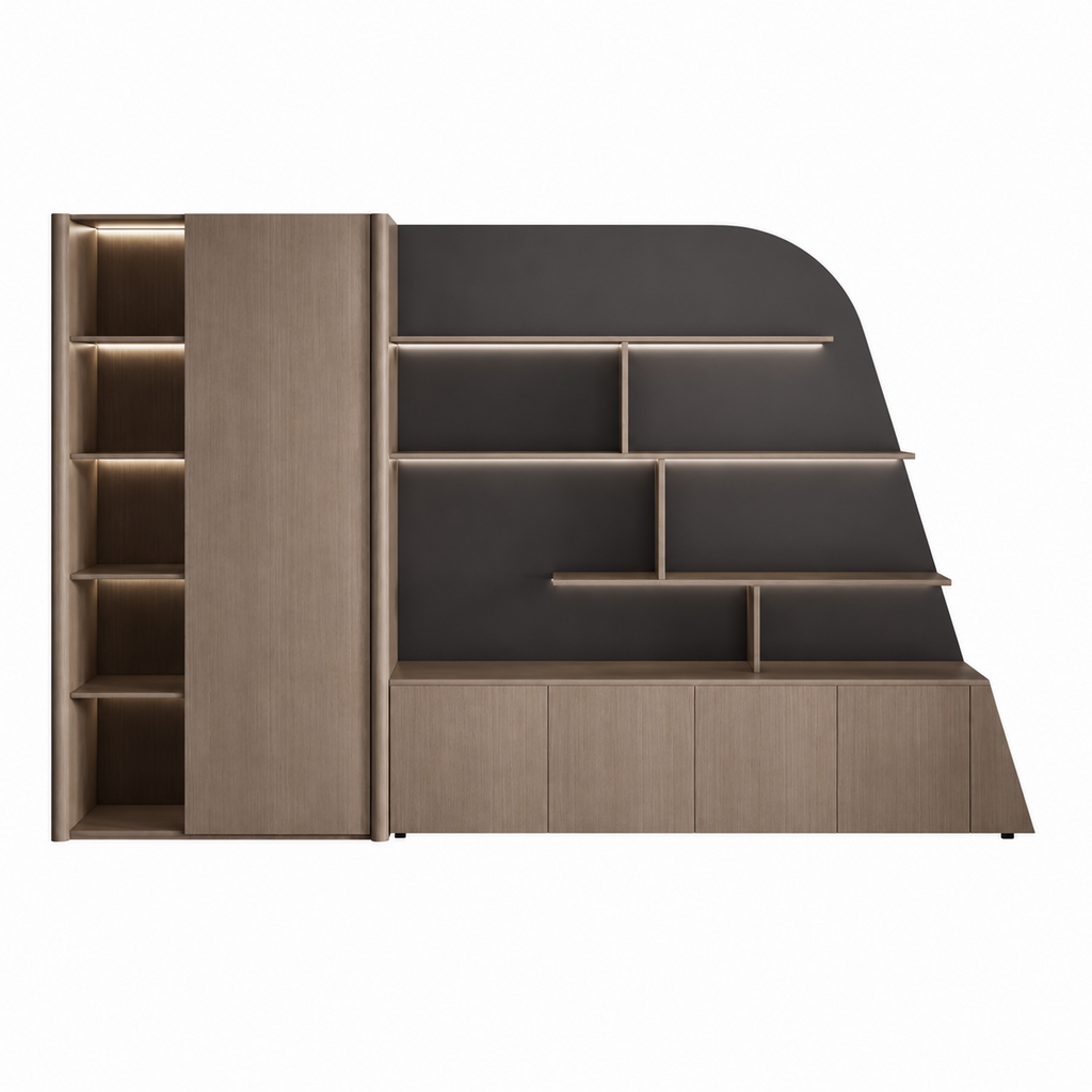 Curved Display Filing Cabinet with Integrated Wardrobe Storage