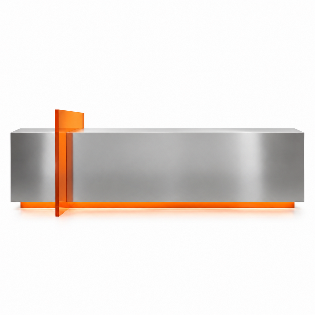Modern Stainless Steel Reception Desk With Lit Custom Logo Panel