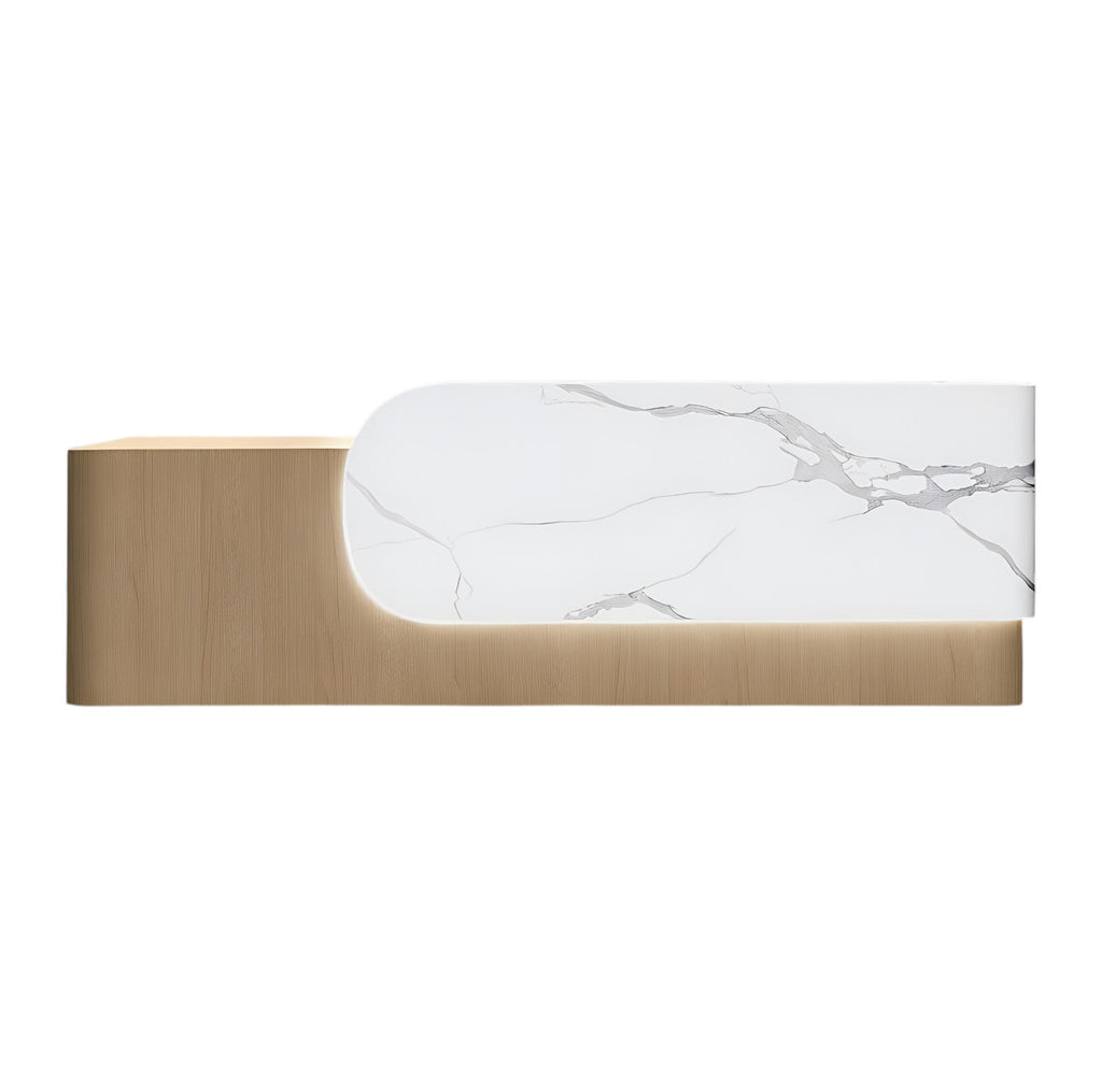 Elegant Reception Counter with Curved White Marble Front and Integrated Lighting for Entryways