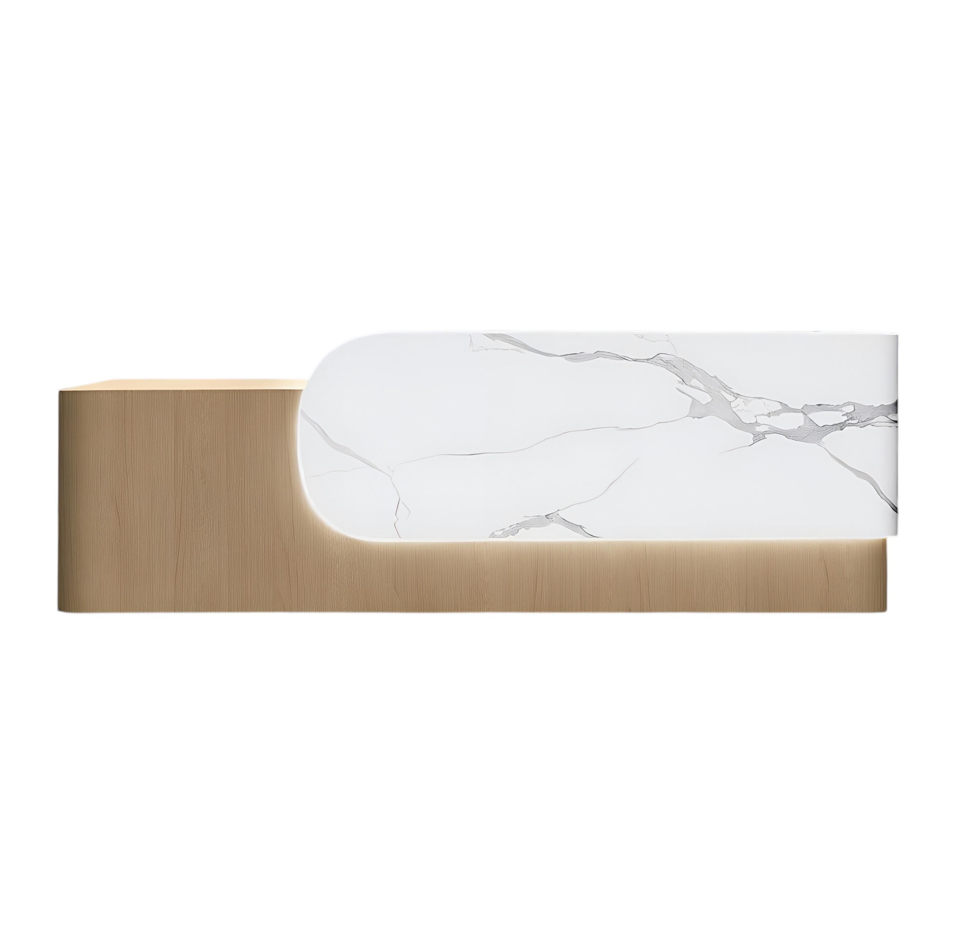 Elegant Reception Counter with Curved White Marble Front and Integrated Lighting for Entryways