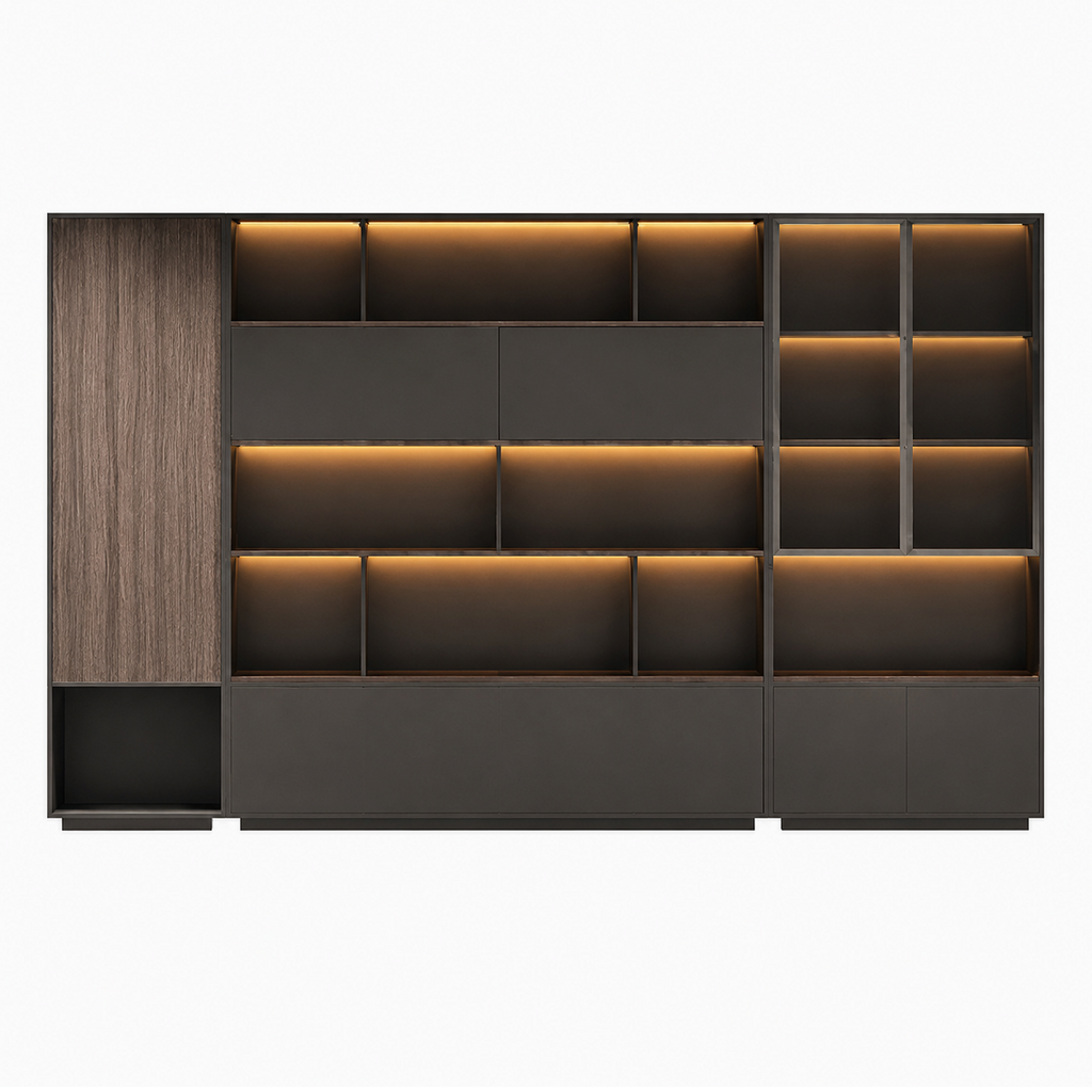 Executive Storage Wall Unit with LED Shelving and Wardrobe