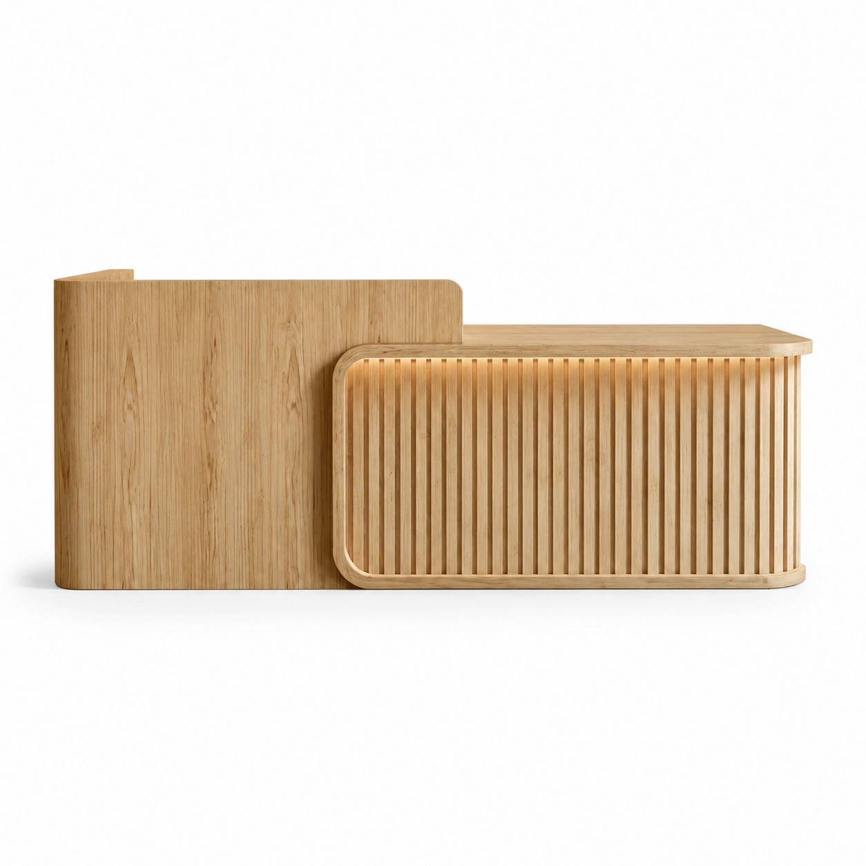 Luxury LED Reception Desk with Fluted Wood Grain Panels and Rounded Edges