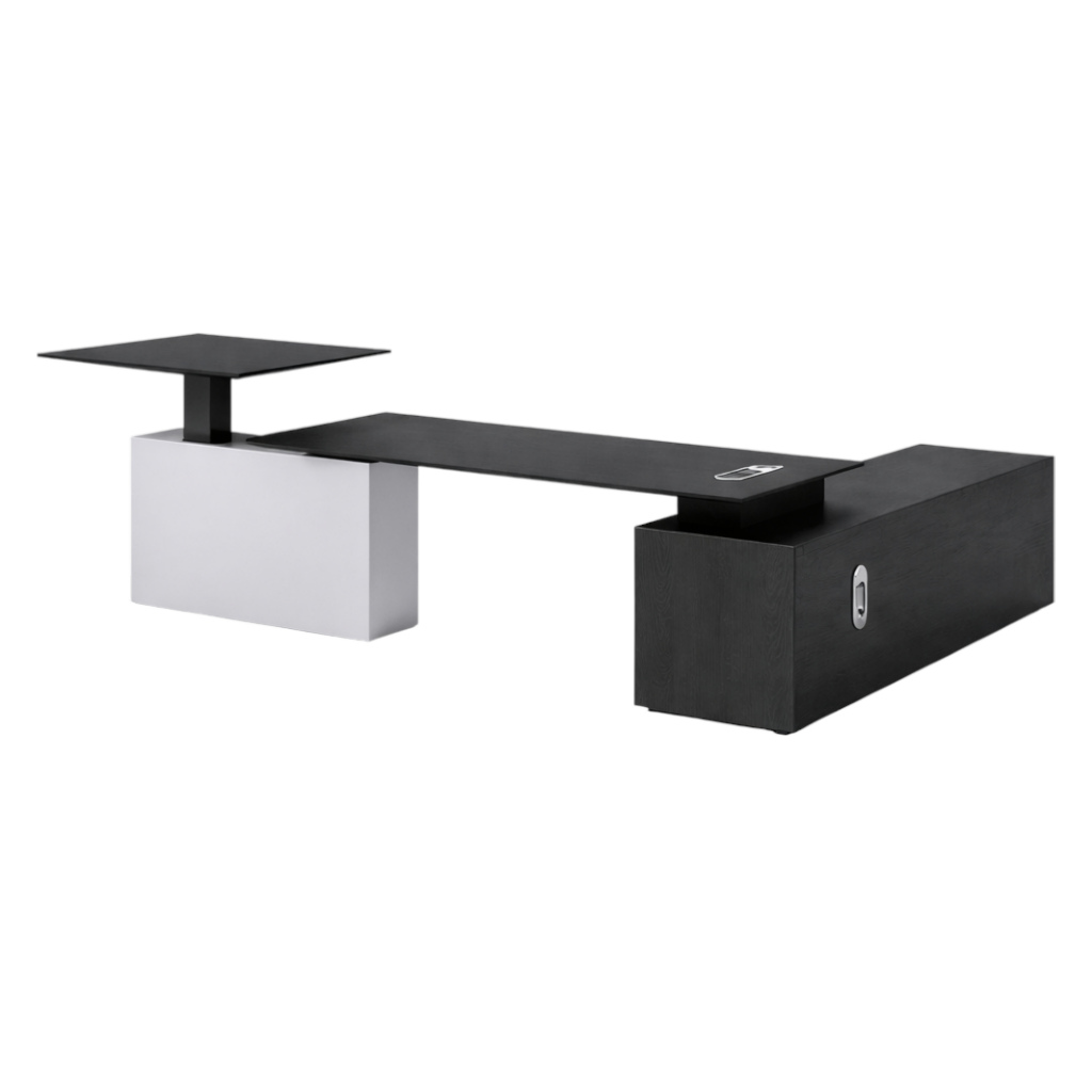 Modern Executive L-Shape Desk With Credenza Storage, Optional Sit-Stand Electric Lift System