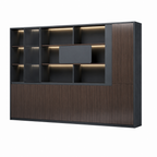 Dark Woodgrain Modern Executive Filing Cabinet with Glass Display Shelving