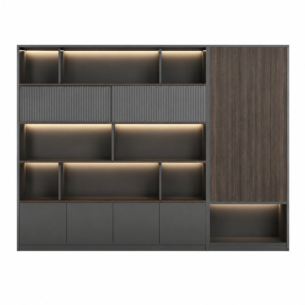 Dark Woodgrain Office Storage Suite with Fluted Panel Doors