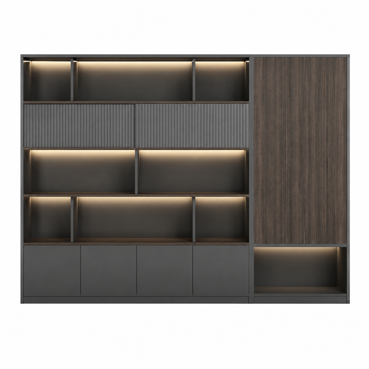 Dark Woodgrain Office Storage Suite with Fluted Panel Doors