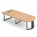 Modern Woodgrain Conference Table with Semi-Round Top, Power Outlet and Statement Metal Legs