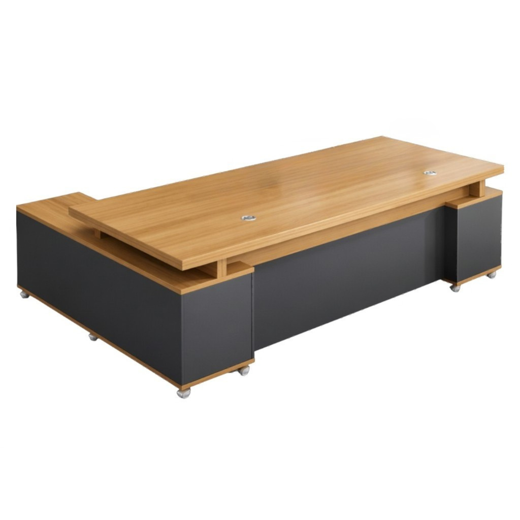 Modern Executive Office Desk With Return, Lockable Storage, Cable Grommets, Two-Tone Finish
