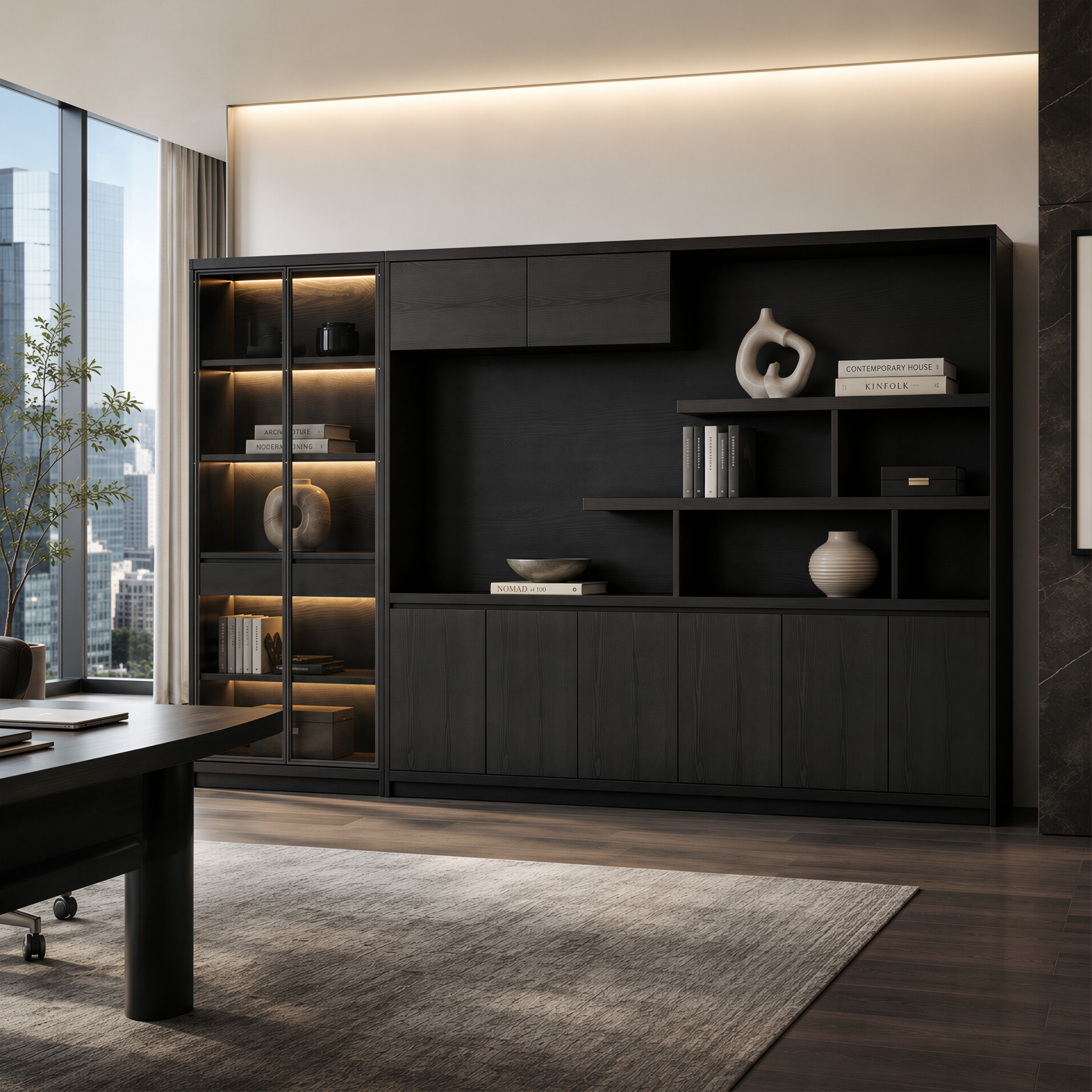 Executive Black Woodgrain Storage Wall Cabinet