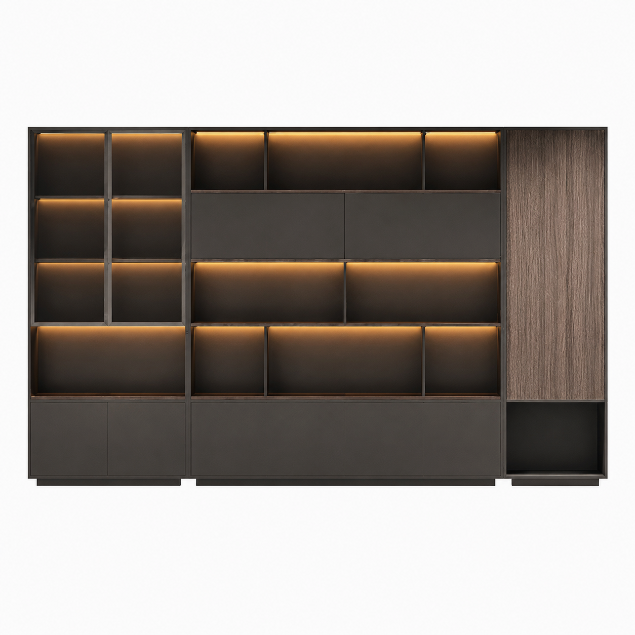 Executive Storage Wall Unit with LED Shelving and Wardrobe