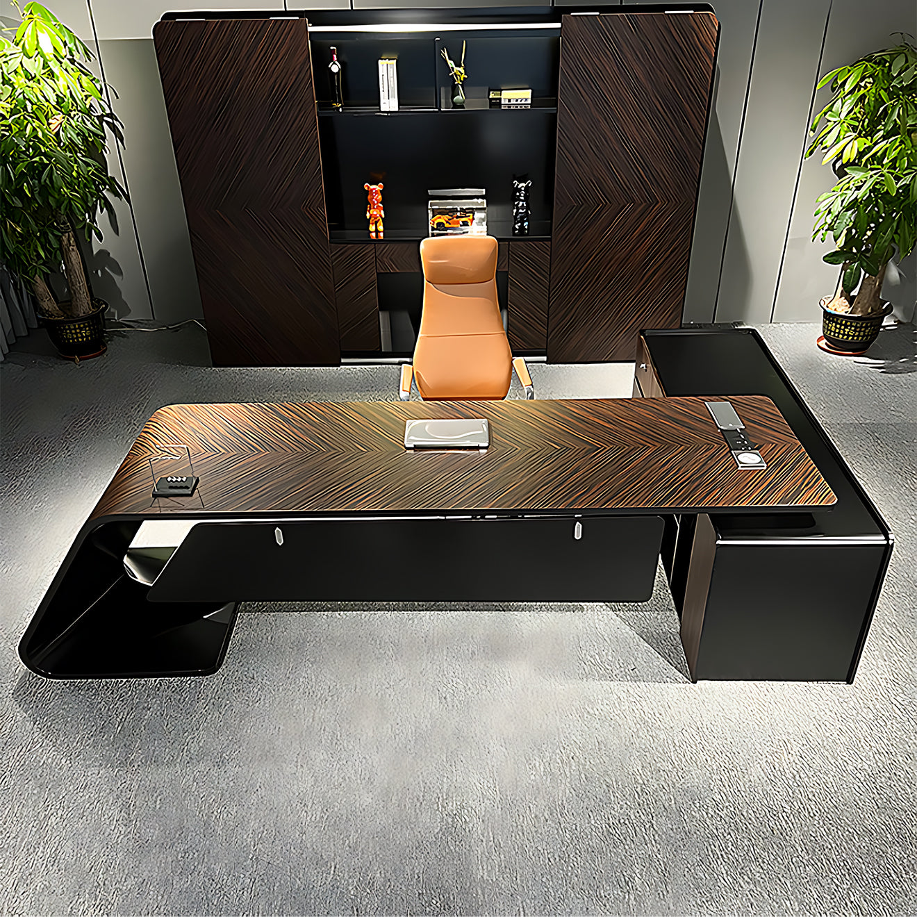 Premium Zebrawood Executive Desk with Modern Matte Black Base and Storage