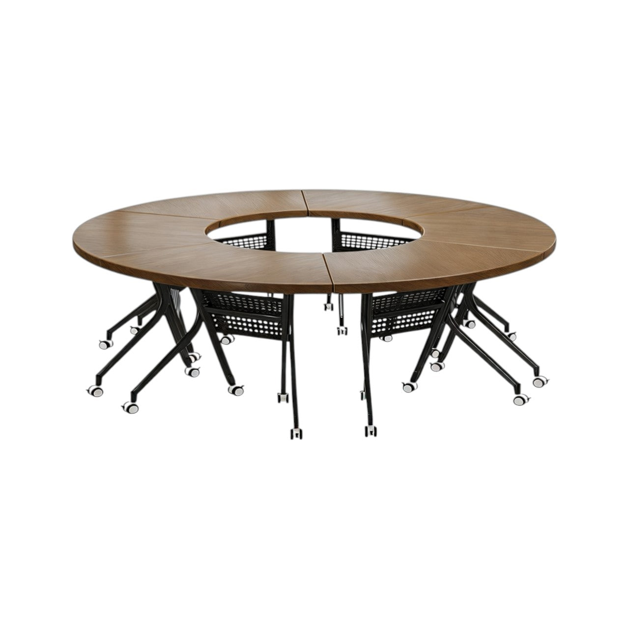 Modular Circular Meeting Table System with Mobile Folding Legs for Collaborative Office Spaces