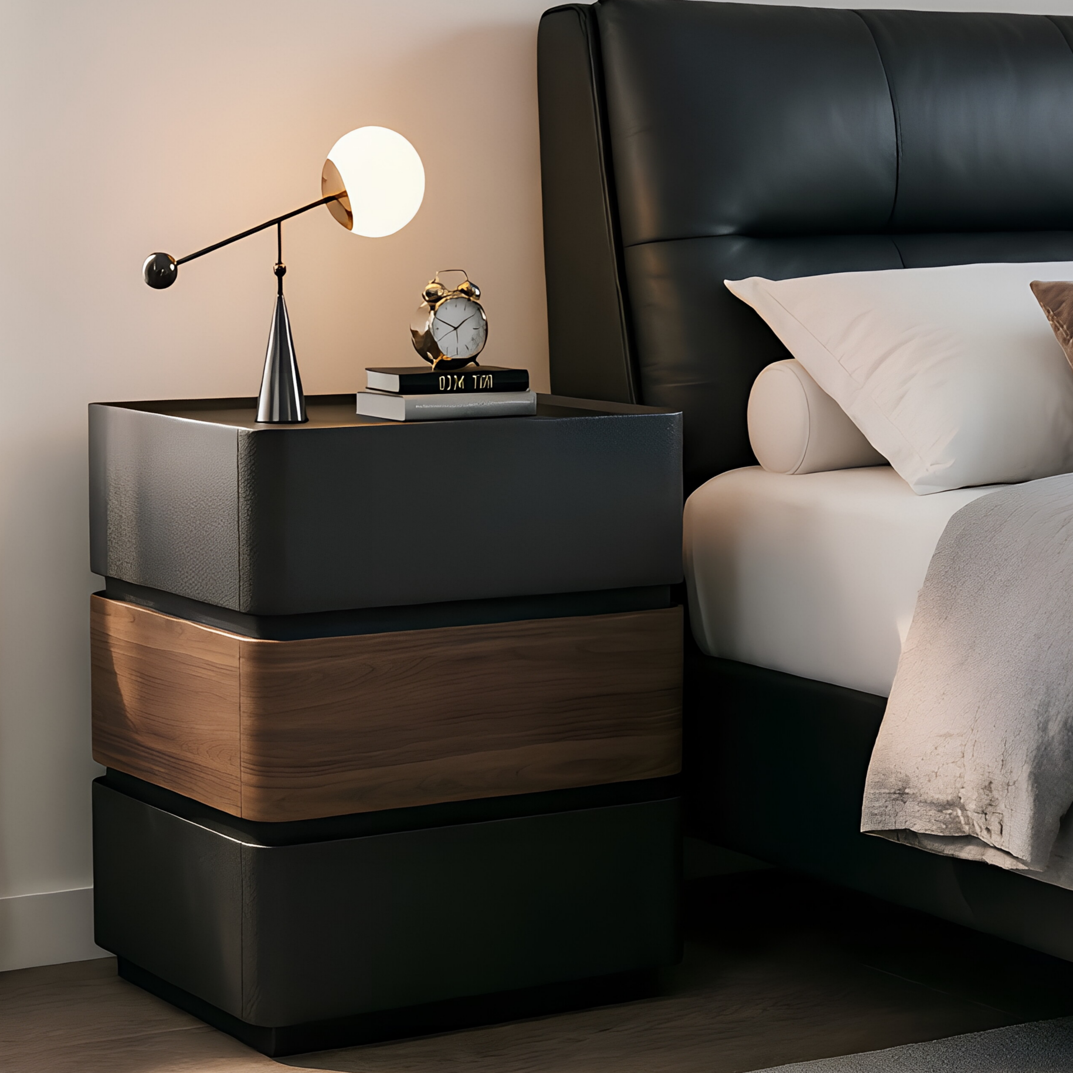 Contemporary Bedside Cabinet with Woodgrain Accent