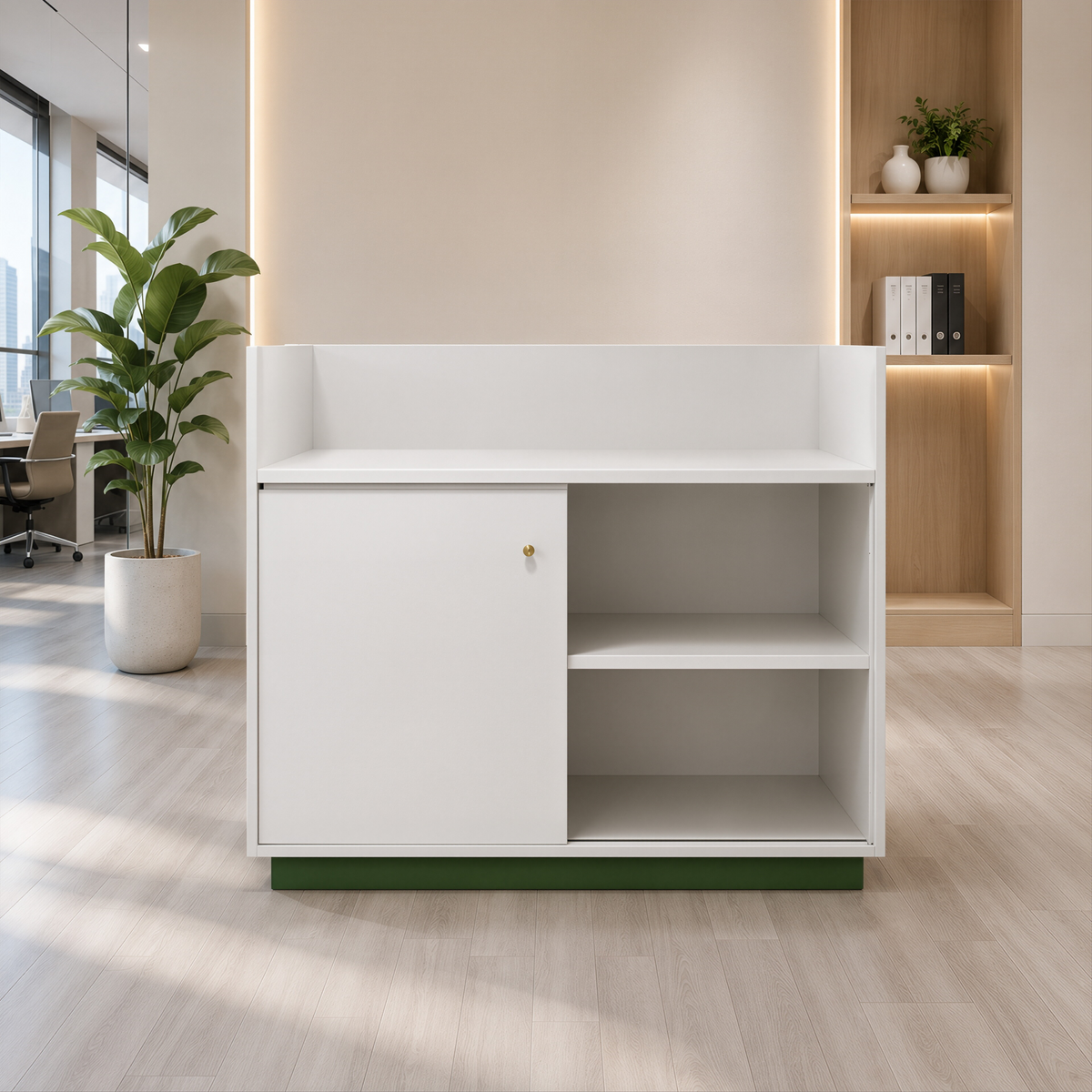 Minimalist Compact Reception Desk with Curved Corners and High-Gloss Finish for Boutique Offices