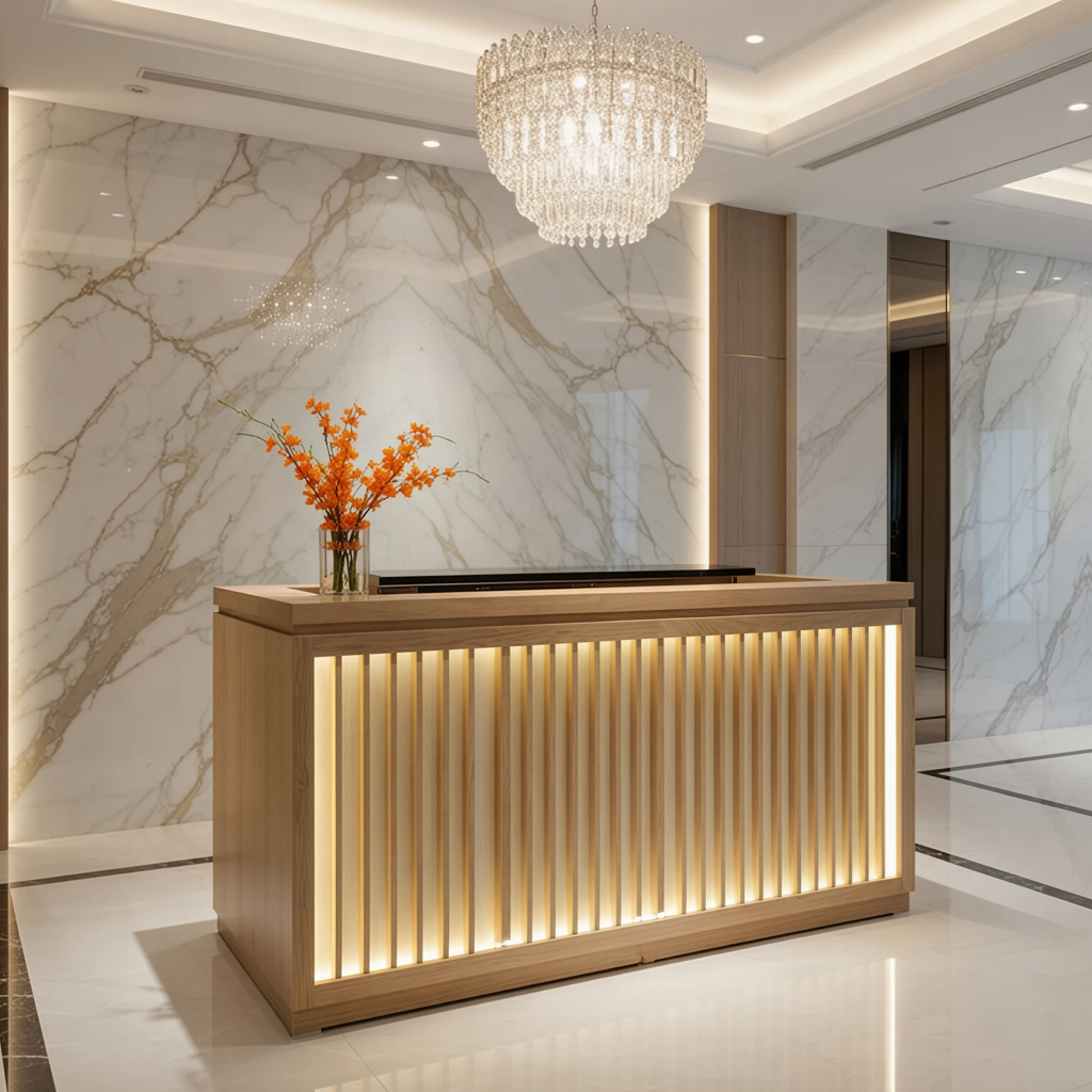 Linear Executive Reception Counter with Ambient Backlit Detailing
