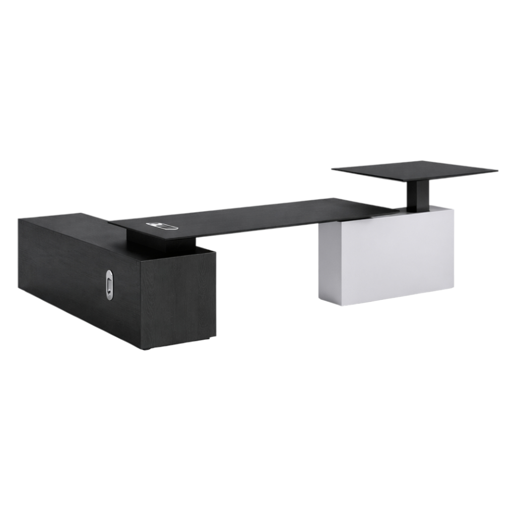 Modern Executive L-Shape Desk With Credenza Storage, Optional Sit-Stand Electric Lift System