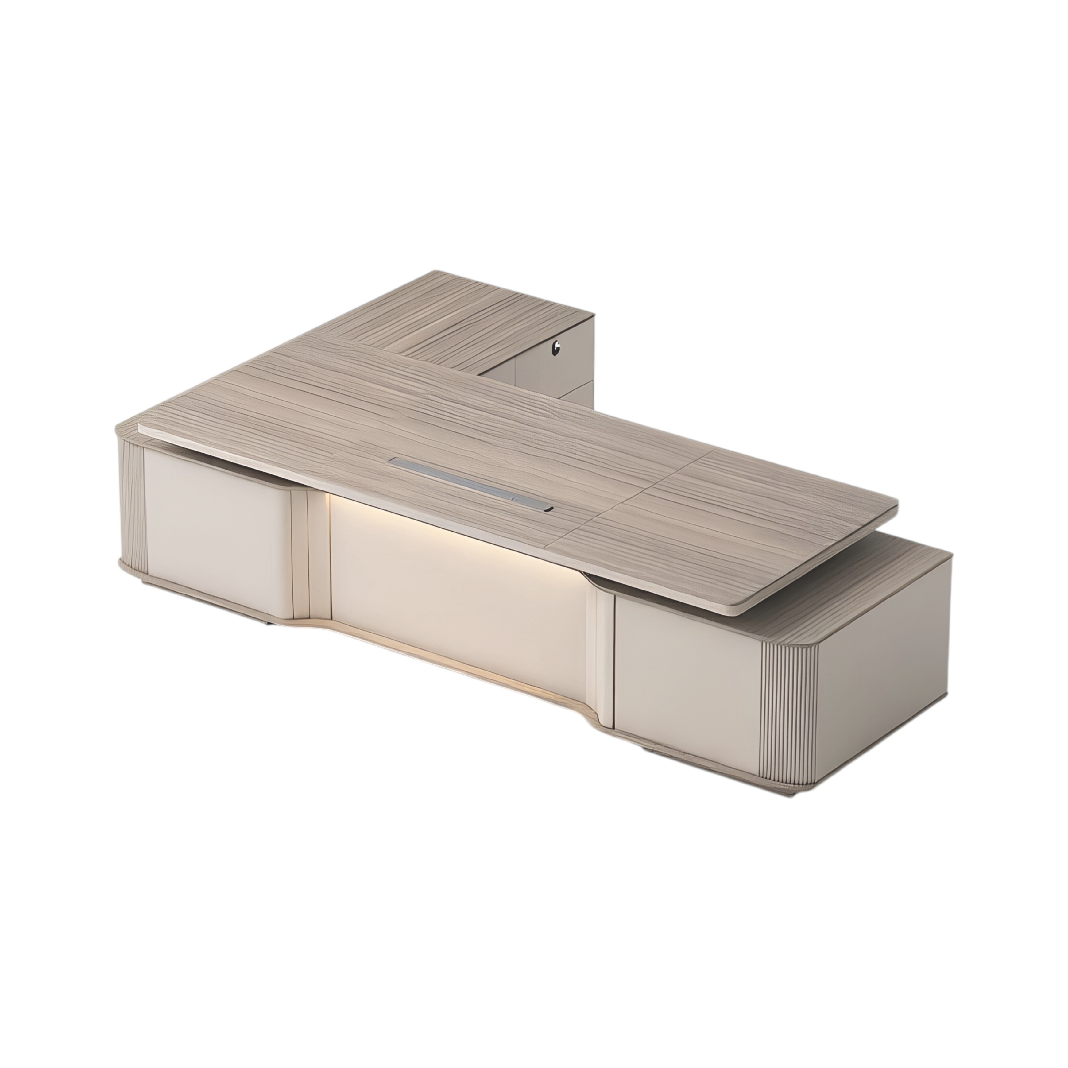 Executive Floating L-Shape Stone Grey Office Desk with Integrated LED Lighting and Storage