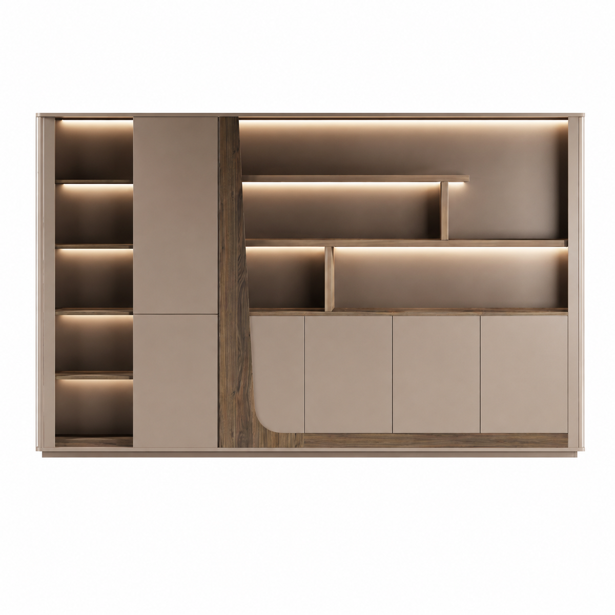 Modern Storage Wall Unit with LED Lighting, Hidden Wardrobe and Push Open Cabinets