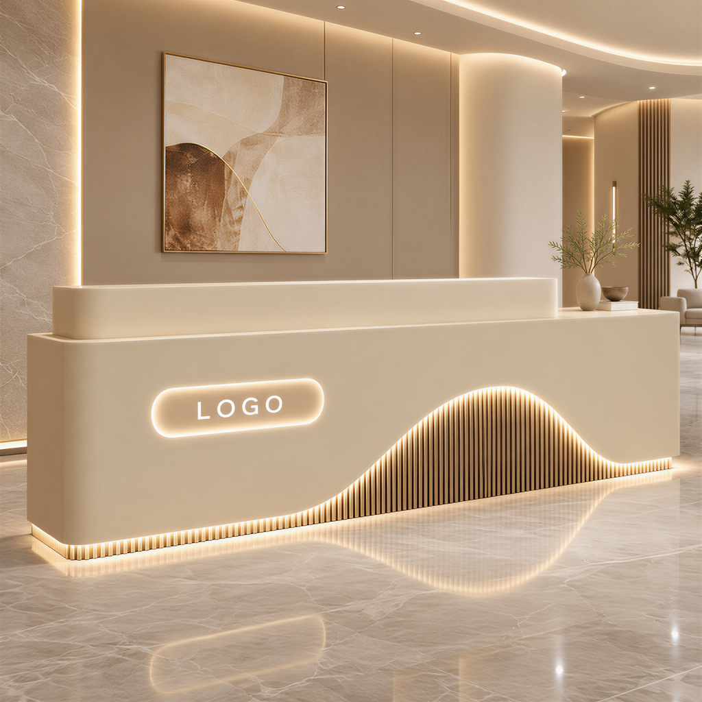 Contemporary Reception Counter with LED Fluted Panel and Custom Logo