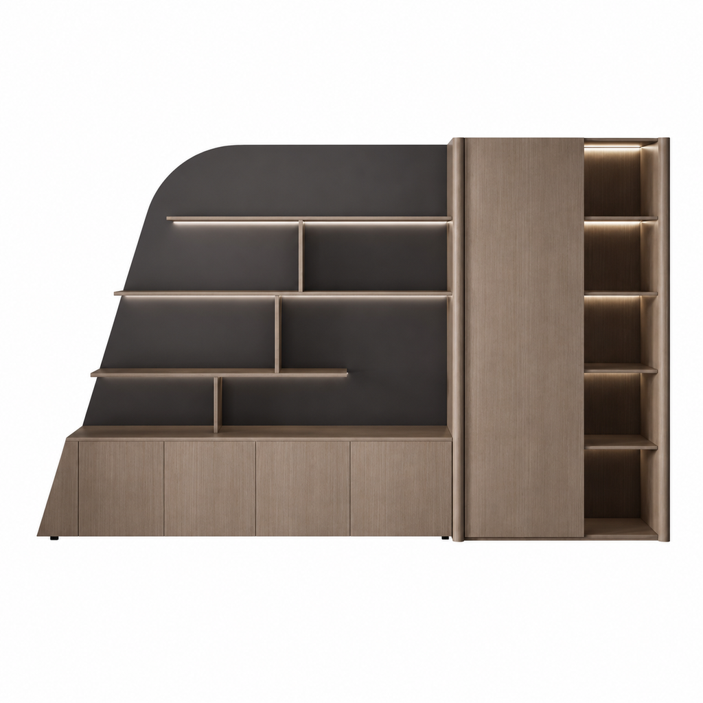 Curved Display Filing Cabinet with Integrated Wardrobe Storage