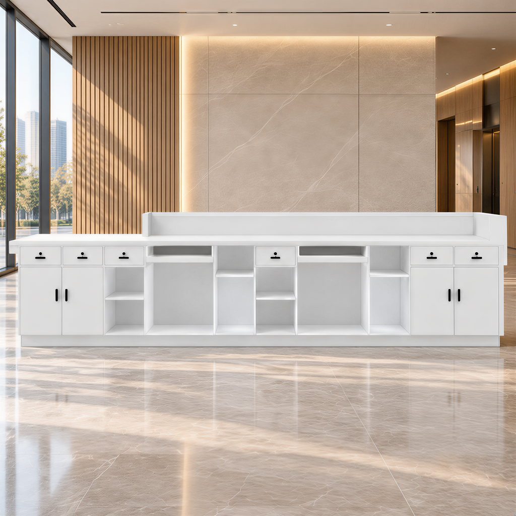 Modern Two-Tone Reception Desk with LED Lighting & Custom Logo