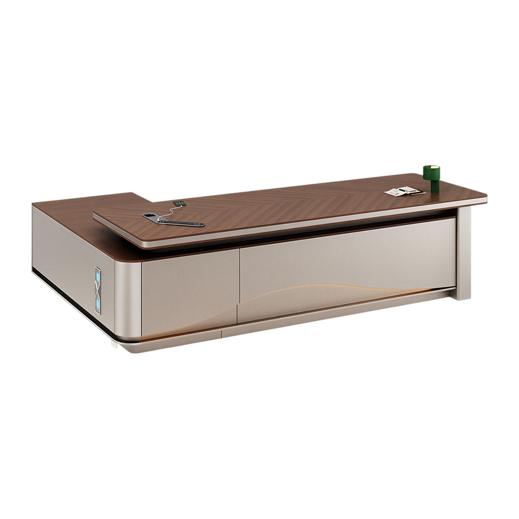 Luxurious L-Shaped Executive Desk with Integrated Wireless Charging Hub and LED Ambient Lighting