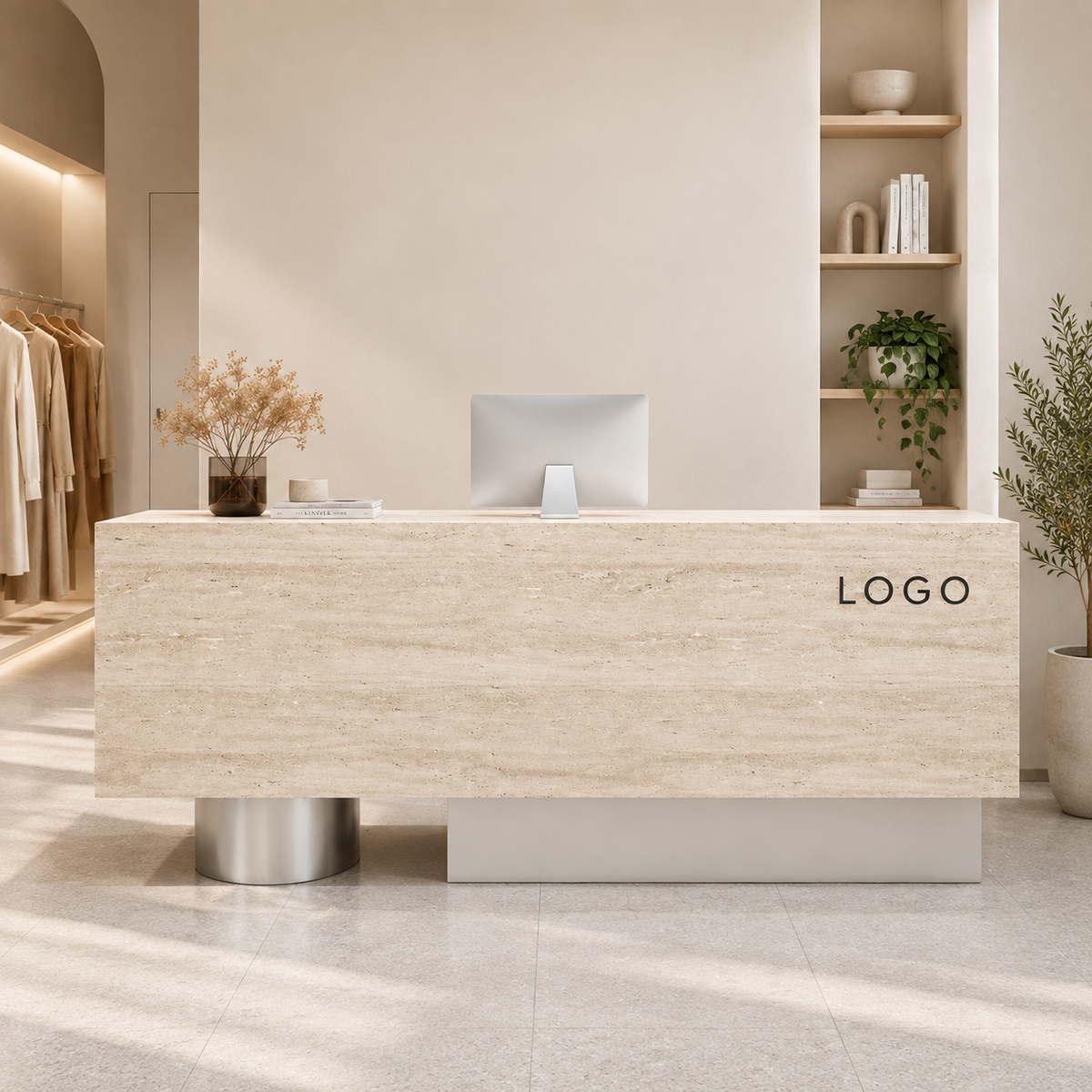 Luxury Travertine-Look Reception Counter with Modern Curved Design