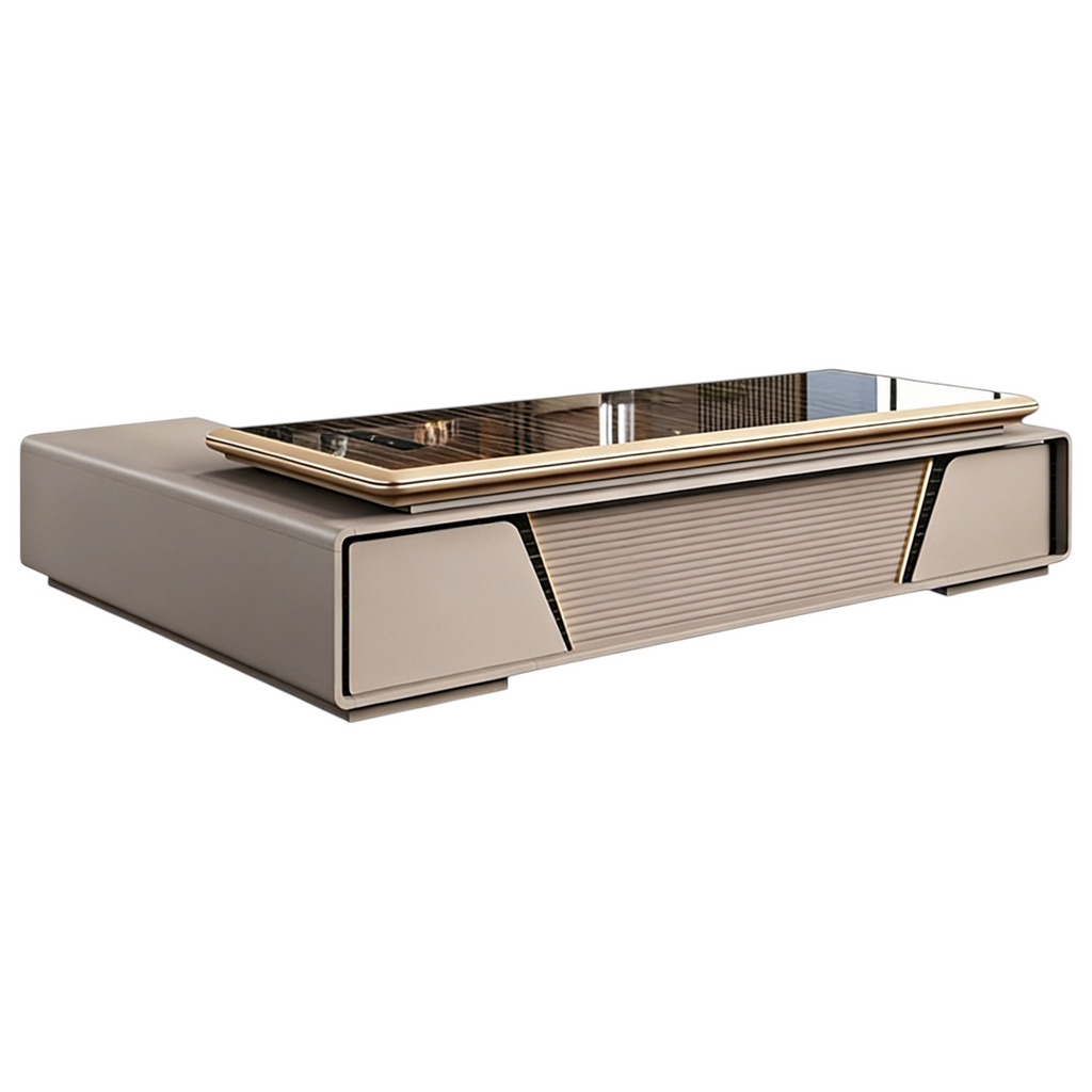 Luxury Black Glass-Top Executive Desk with Lift Side Table and Fluted Front Panel
