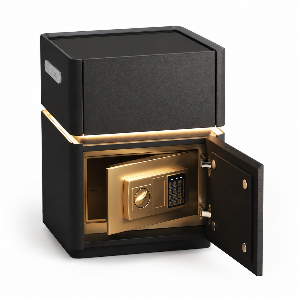 Contemporary Bedside Table with Safe, Wireless Charger and USB
